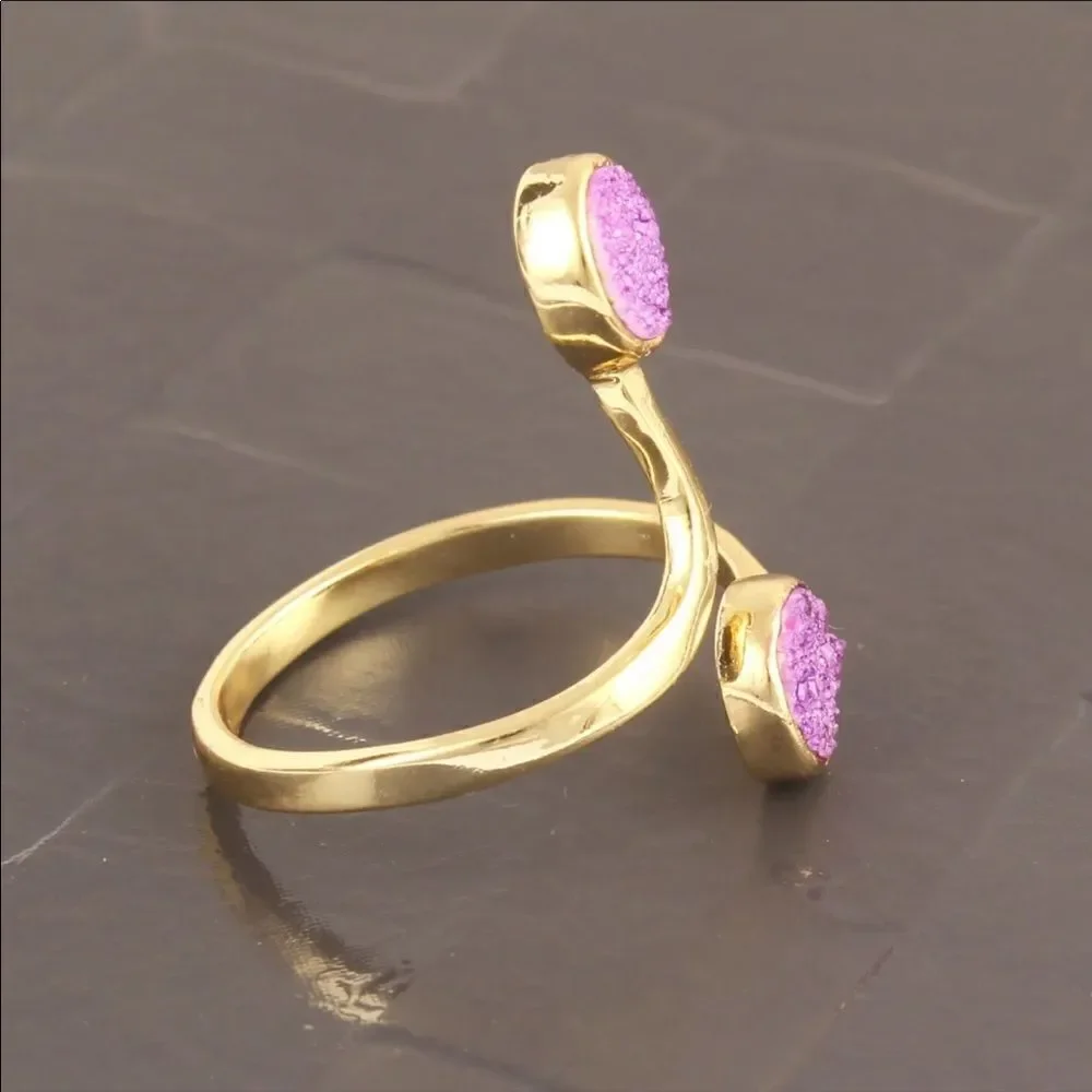 Pink Purple Sugar Druzy Yellow Gold Plated Brass Snake Shape Adjustable Ring